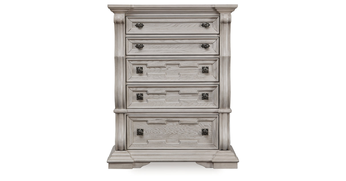 Bruchandi California King Upholstered Panel Bed with Dresser and Chest in Antique White from Ashley Furniture - Luna Furniture