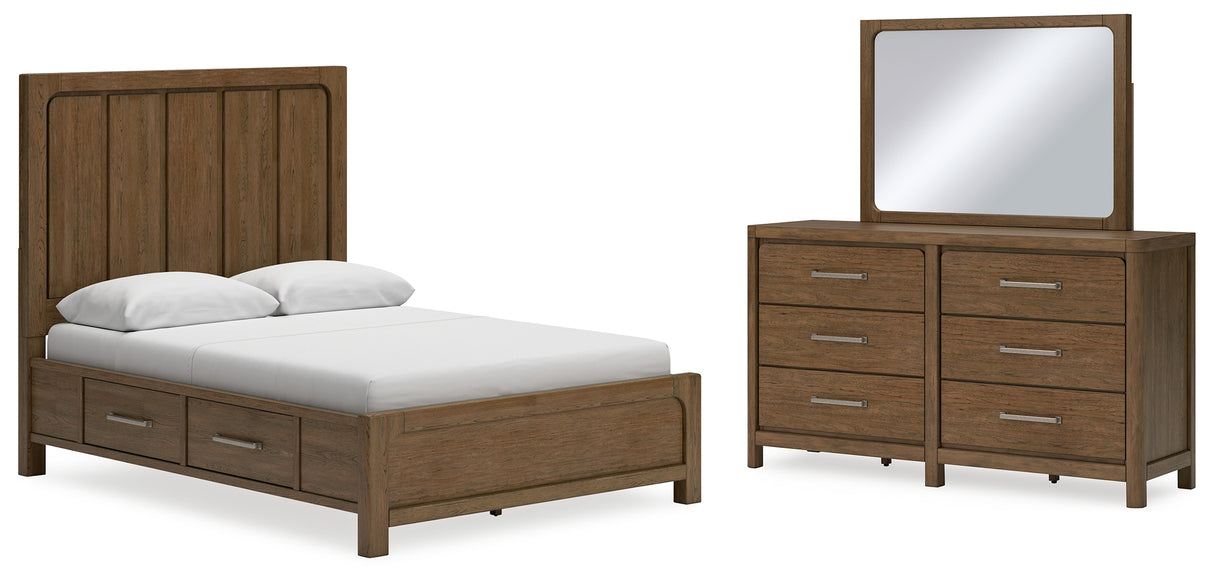 Cabalynn Queen Panel Bed with Storage with Mirrored Dresser in Light Brown from Ashley - Luna Furniture