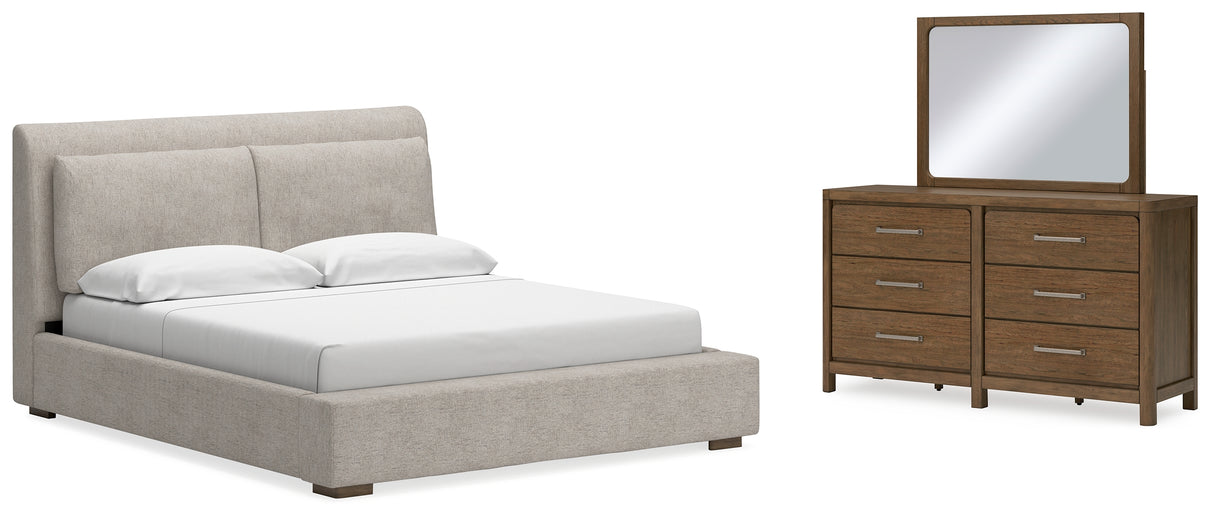 Cabalynn King Upholstered Bed with Mirrored Dresser in Light Brown from Ashley - Luna Furniture