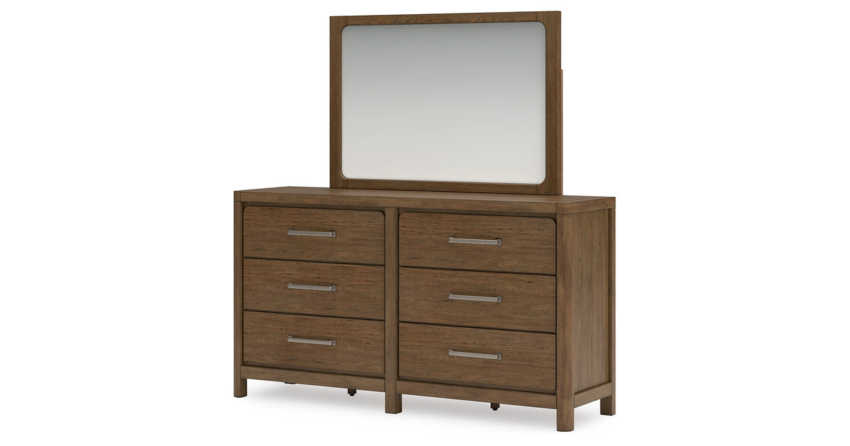 Cabalynn Queen Panel Bed with Storage with Mirrored Dresser and Nightstand in Light Brown from Ashley Furniture - Luna Furniture