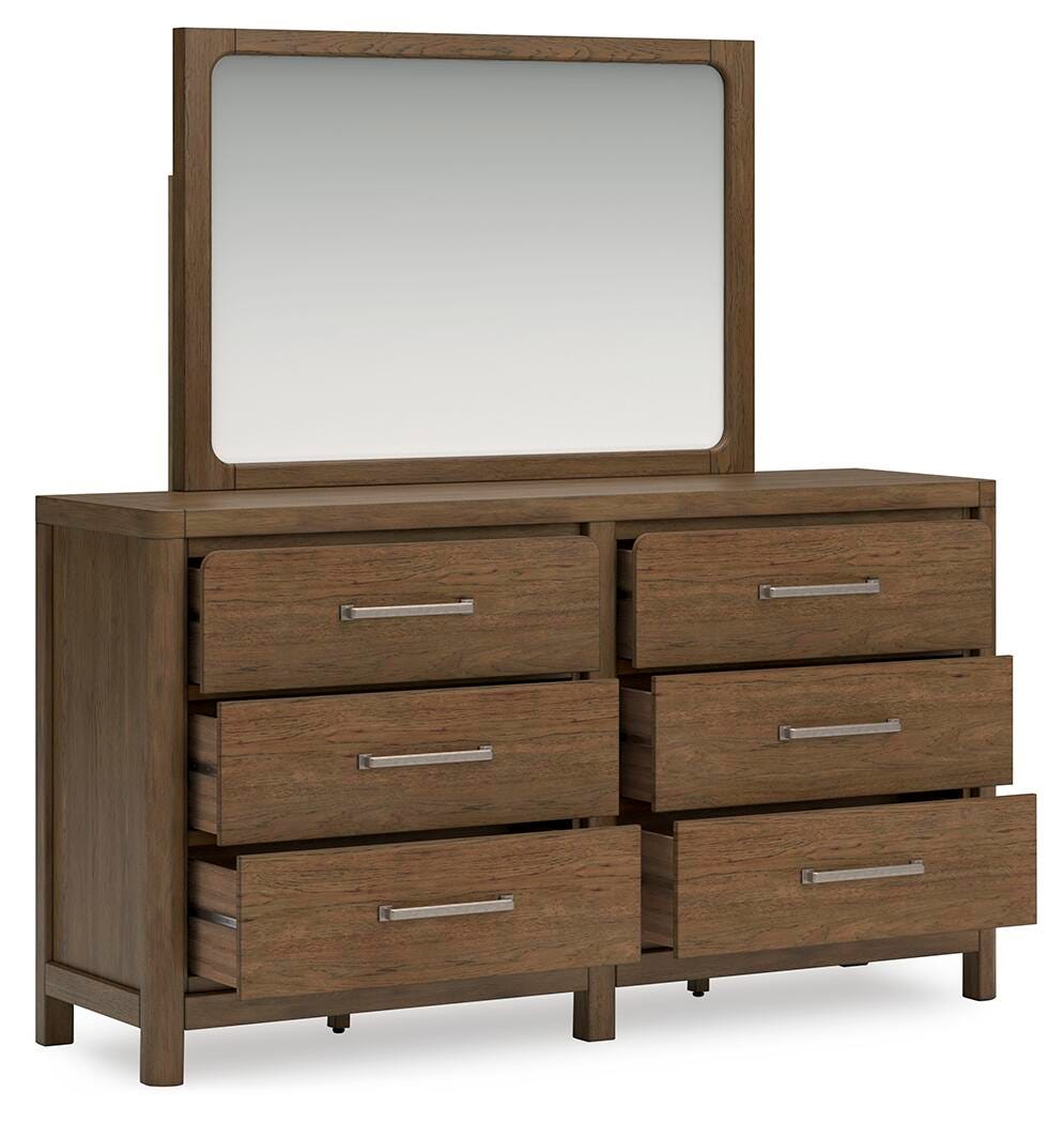 Cabalynn King Panel Bed with Storage with Mirrored Dresser in Light Brown from Ashley Furniture - Luna Furniture