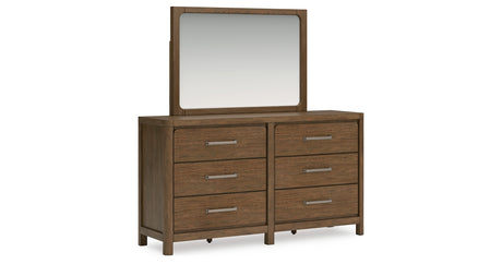 Cabalynn Queen Panel Bed with Storage with Mirrored Dresser and Nightstand in Light Brown from Ashley Furniture - Luna Furniture