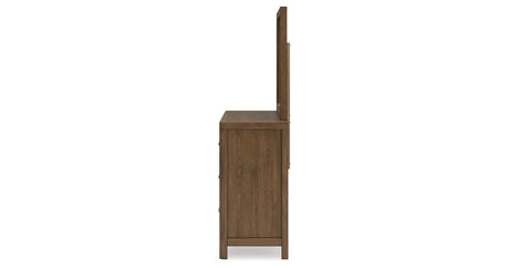 Cabalynn Queen Panel Bed with Storage with Mirrored Dresser and Nightstand in Light Brown from Ashley Furniture - Luna Furniture