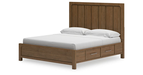 Cabalynn California King Panel Bed with Storage with Mirrored Dresser, Chest and Nightstand in Light Brown from Ashley Furniture - Luna Furniture