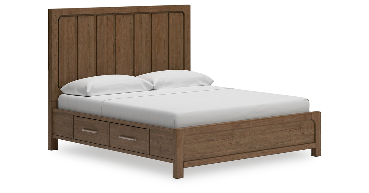 Cabalynn California King Panel Bed with Storage with Mirrored Dresser, Chest and 2 Nightstands in Light Brown from Ashley Furniture - Luna Furniture