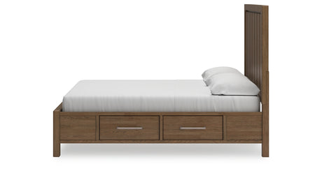 Cabalynn California King Panel Bed with Storage with Mirrored Dresser and Nightstand in Light Brown from Ashley Furniture - Luna Furniture