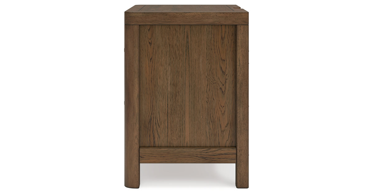 Cabalynn Queen Panel Bed with Storage with Mirrored Dresser and Nightstand in Light Brown from Ashley Furniture - Luna Furniture