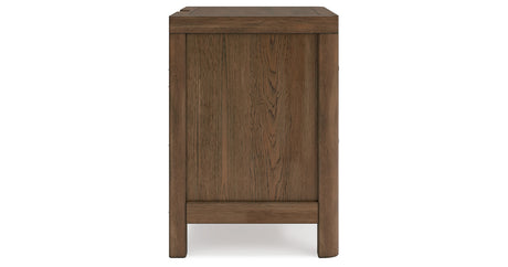 Cabalynn California King Panel Bed with Storage with Mirrored Dresser and Nightstand in Light Brown from Ashley Furniture - Luna Furniture