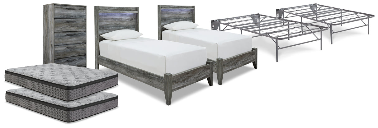 Baystorm Gray 2 Twin Panel Beds, 2 Mattresses, 2 Foundations, and Chest from Ashley Furniture - Luna Furniture