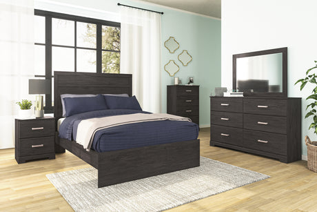 Belachime Full Panel Bed with Mirrored Dresser, Chest and 2 Nightstands in Charcoal from Ashley - Luna Furniture