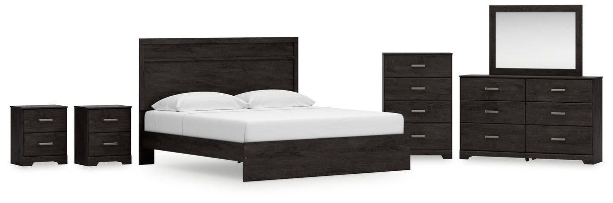 Belachime King Panel Bed with Mirrored Dresser, Chest and 2 Nightstands in Charcoal from Ashley - Luna Furniture