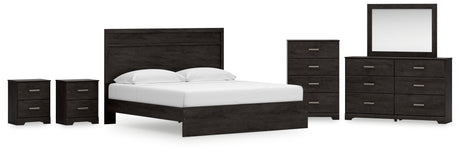 Belachime King Panel Bed with Mirrored Dresser, Chest and 2 Nightstands in Charcoal from Ashley - Luna Furniture
