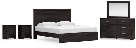 Belachime King Panel Bed with Mirrored Dresser and 2 Nightstands in Charcoal from Ashley - Luna Furniture