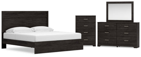 Belachime King Panel Bed with Mirrored Dresser and Chest in Charcoal from Ashley - Luna Furniture