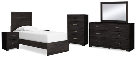 Belachime Twin Panel Bed with Mirrored Dresser, Chest and 2 Nightstands in Charcoal from Ashley - Luna Furniture