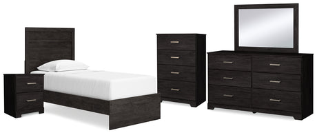 Belachime Twin Panel Bed with Mirrored Dresser, Chest and Nightstand in Charcoal from Ashley - Luna Furniture