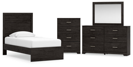 Belachime Twin Panel Bed with Mirrored Dresser and Chest in Charcoal from Ashley - Luna Furniture