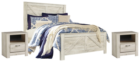 Bellaby Queen Crossbuck Panel Bed with 2 Nightstands in Whitewash from Ashley - Luna Furniture