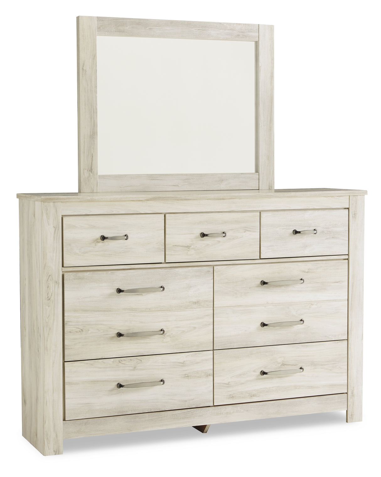 Bellaby Queen Crossbuck Panel Bed with Mirrored Dresser, Chest and Nightstand in Whitewash from Ashley - Luna Furniture