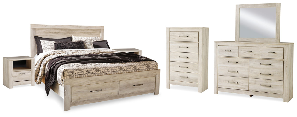 Bellaby Whitewash King Storage Bed, Dresser, Mirror, Chest and 2 Nightstands from Ashley Furniture - Luna Furniture