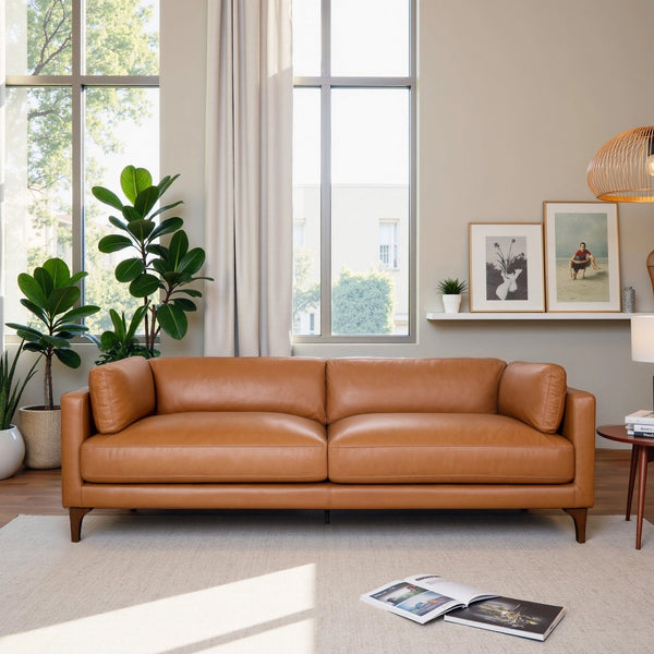 Bellrose Brown Mid-Century Modern Genuine Leather Sofa