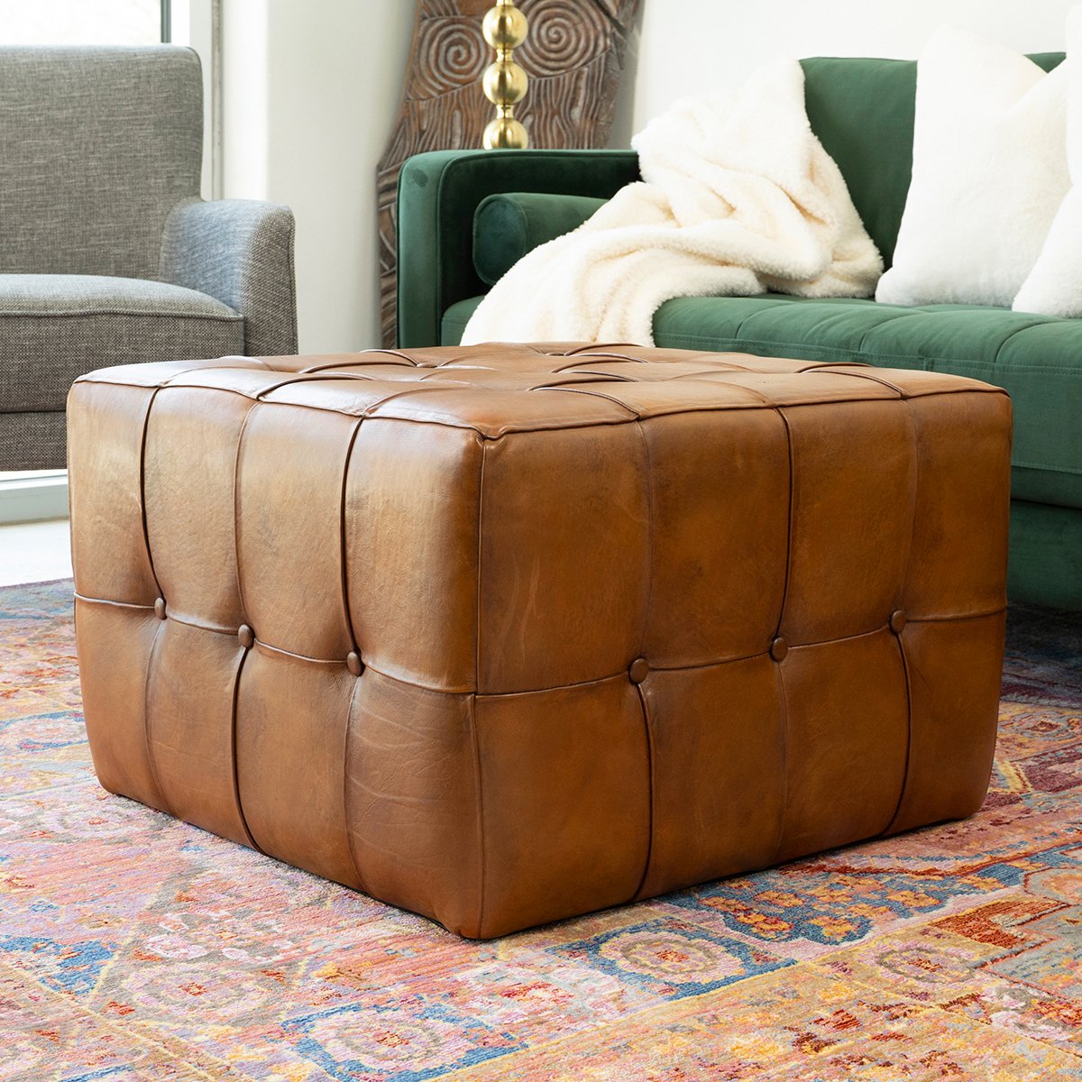 Benjiro Tan Leather Square Ottoman from Midinmod - Luna Furniture
