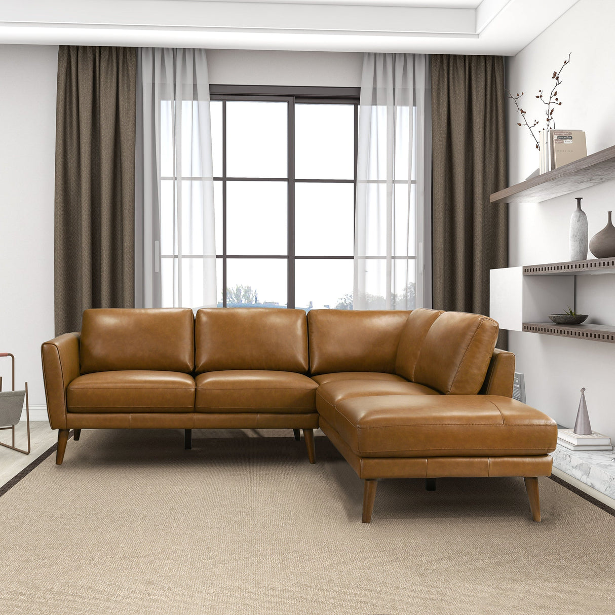 Benson Tan Leather Sectional Sofa Right Facing Chaise from Ashcroft Furniture - Luna Furniture