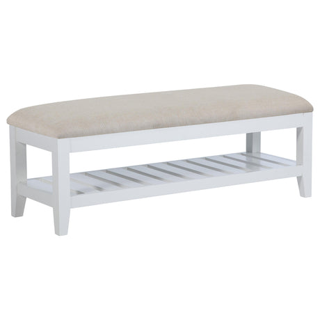Bexhill White Upholstered Bench with Shelf from Coaster - Luna Furniture