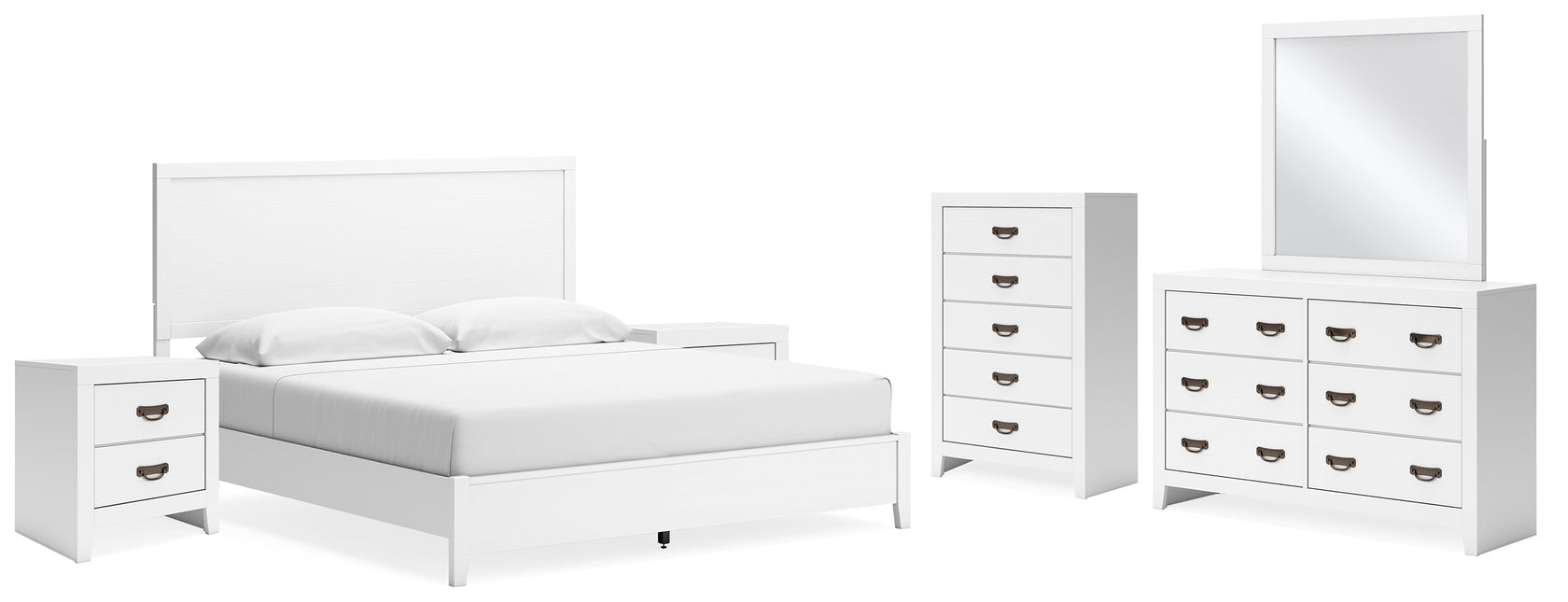 Binterglen King Panel Bed with Mirrored Dresser, Chest and 2 Nightstands in White from Ashley - Luna Furniture