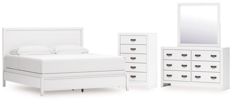 Binterglen King Panel Bed with Mirrored Dresser and Chest in White from Ashley - Luna Furniture