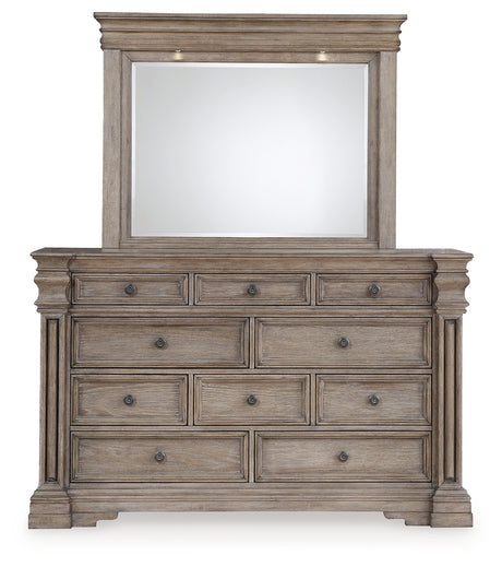 Blairhurst King Panel Bed with Mirrored Dresser, Chest and 2 Nightstands in Light Grayish Brown from Ashley - Luna Furniture