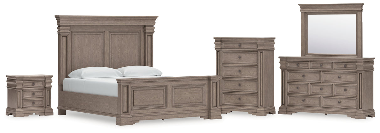 Blairhurst Light Grayish Brown King Panel Bed with Mirrored Dresser, Chest and Nightstand from Ashley - Luna Furniture