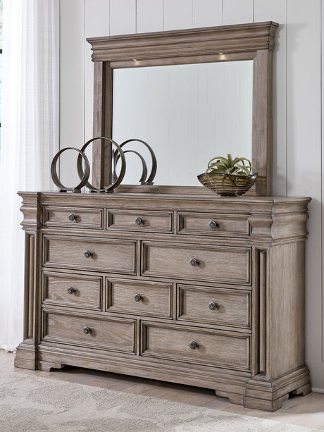 Blairhurst Queen Panel Bed with Mirrored Dresser, Chest and 2 Nightstands in Light Grayish Brown from Ashley - Luna Furniture
