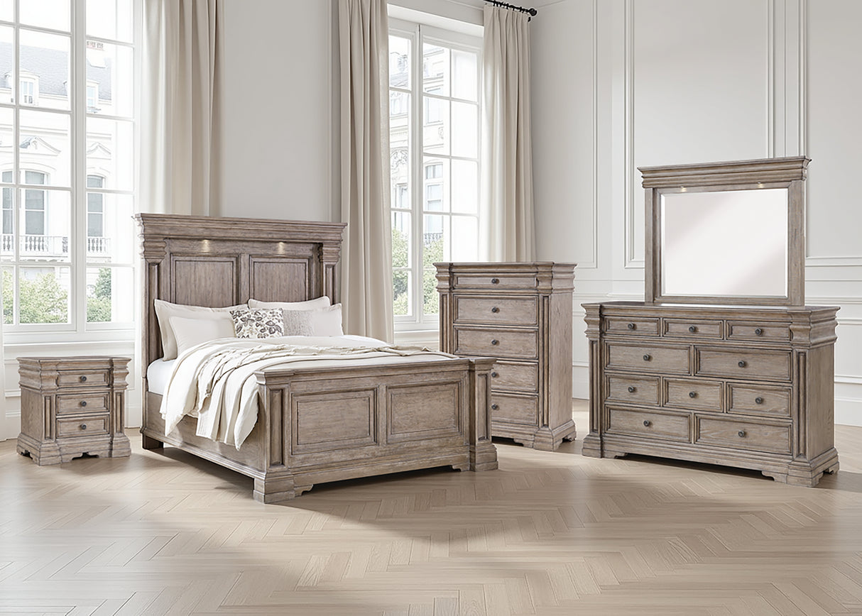 Blairhurst Light Grayish Brown Queen Panel Bed with Mirrored Dresser, Chest and Nightstand from Ashley Furniture - Luna Furniture