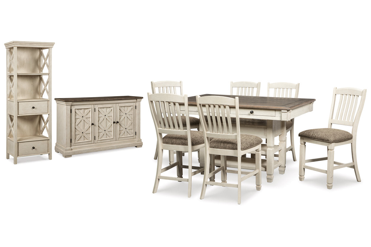 Bolanburg Antique White Counter Height Table with 6 Barstools, Server and Display Cabinet from Ashley - Luna Furniture