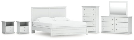 Bostwick Shoals King Panel Bed with Mirrored Dresser, Chest and 2 Nightstands in White from Ashley - Luna Furniture