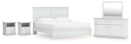 Bostwick Shoals King Panel Bed with Mirrored Dresser and 2 Nightstands in White from Ashley - Luna Furniture