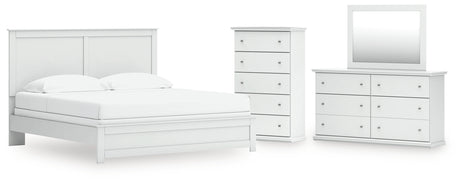 Bostwick Shoals King Panel Bed with Mirrored Dresser and Chest in White from Ashley - Luna Furniture