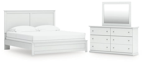 Bostwick Shoals King Panel Bed with Mirrored Dresser in White from Ashley - Luna Furniture