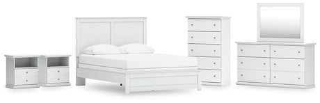 Bostwick Shoals Queen Panel Bed with Mirrored Dresser, Chest and 2 Nightstands in White from Ashley - Luna Furniture