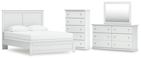 Bostwick Shoals Queen Panel Bed with Mirrored Dresser and Chest in White from Ashley - Luna Furniture