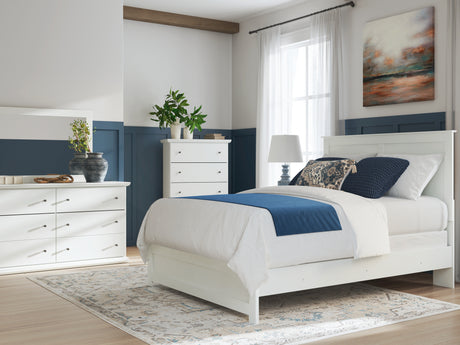 Bostwick Shoals Queen Panel Bed with Mirrored Dresser and Chest in White from Ashley - Luna Furniture