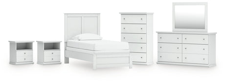 Bostwick Shoals Twin Panel Bed with Mirrored Dresser, Chest and 2 Nightstands in White from Ashley - Luna Furniture