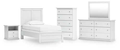 Bostwick Shoals Twin Panel Bed with Mirrored Dresser, Chest and Nightstand in White from Ashley - Luna Furniture