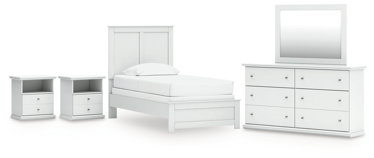 Bostwick Shoals Twin Panel Bed with Mirrored Dresser and 2 Nightstands in White from Ashley - Luna Furniture