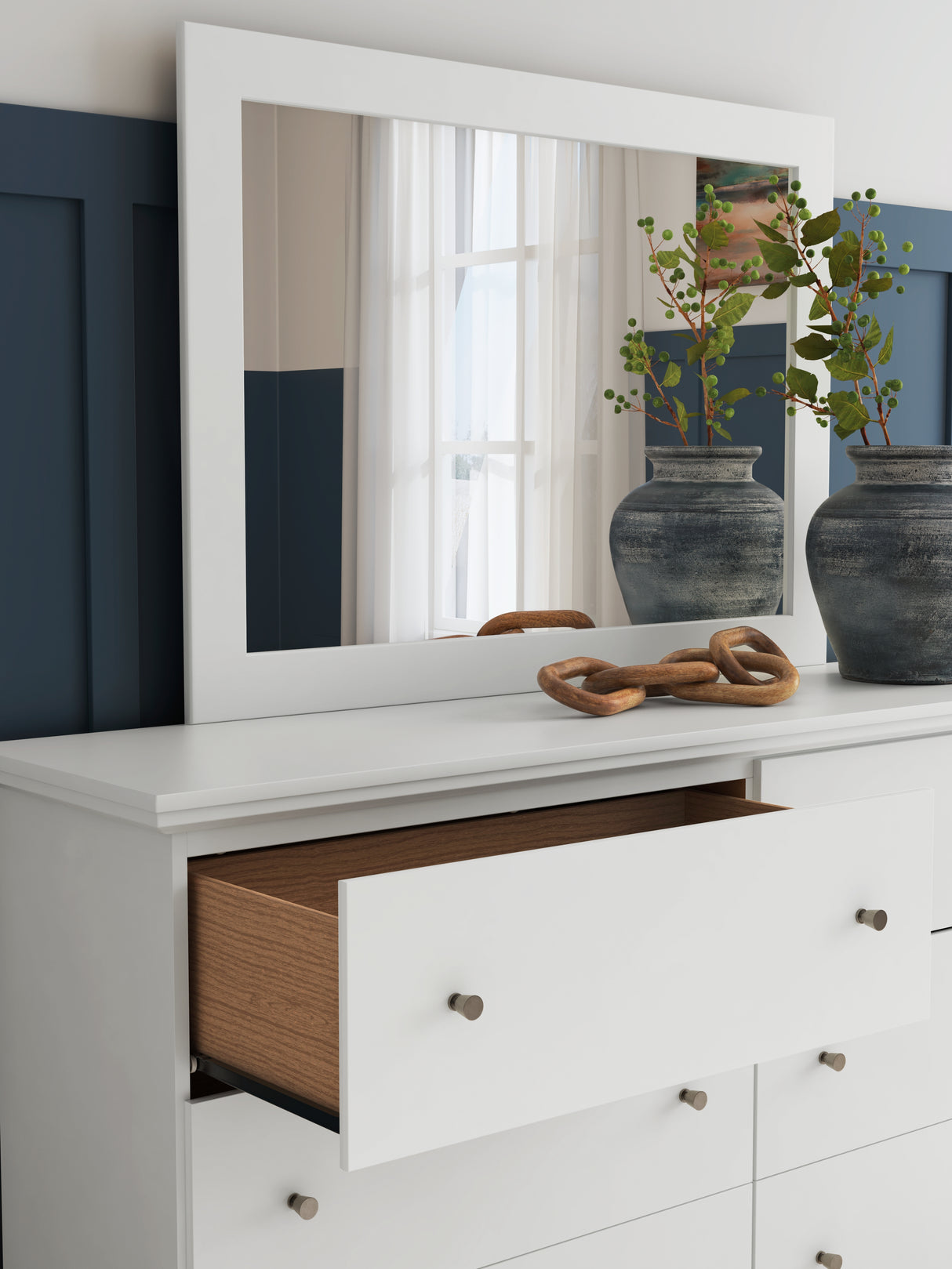 Bostwick Shoals Twin Panel Bed with Mirrored Dresser and 2 Nightstands in White from Ashley - Luna Furniture