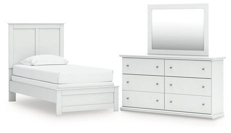 Bostwick Shoals Twin Panel Bed with Mirrored Dresser in White from Ashley - Luna Furniture