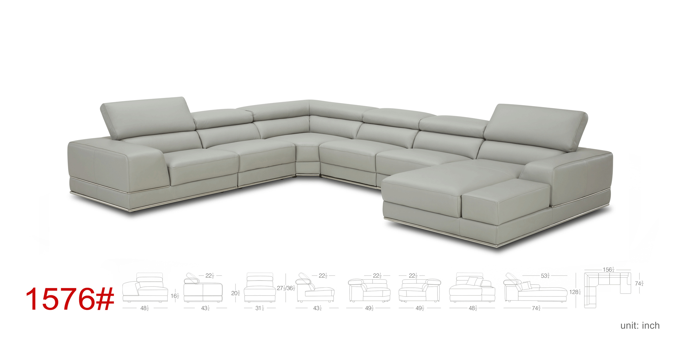 1576 Kuka Light Gray Top-Grain Leather RAF Chaise Sectional from ESF Furniture - Luna Furniture