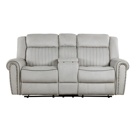 Brennen Mist Double Reclining Loveseat with Center Console from Homelegance - Luna Furniture