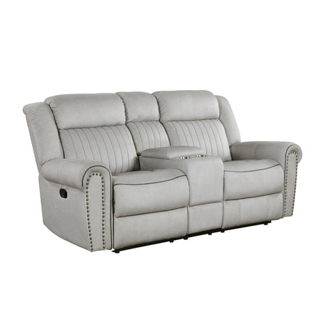 Brennen Mist Double Reclining Loveseat with Center Console from Homelegance - Luna Furniture
